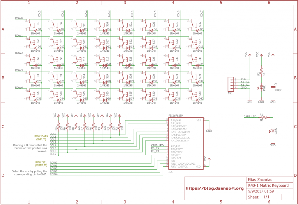 Keyboard matrix schematic with the diodes. UPDATE: Graphically separated the matrix from the PIC, added notes, and assigned the I/O ports in a way that makes more sense, and does not depend on internal PIC features.